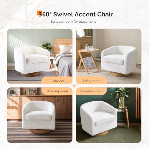 VINGLI 360°Swivel Accent Chairs Set of 2 with Engineered Wood Base and Removable Cushion for Living Room, Bedroom, Curved Back Barrel Chairs for Small Space, Upholstered Bucket Armchairs, Teddy White - color: Teddy-white