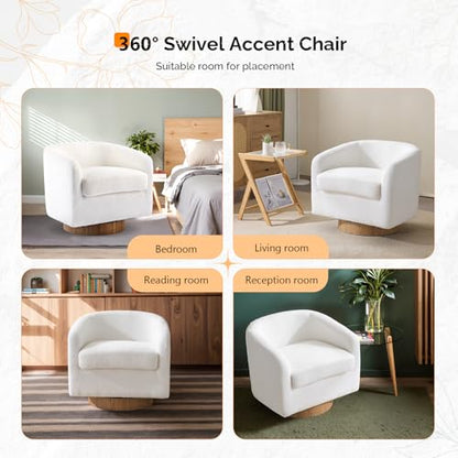 VINGLI 360°Swivel Accent Chairs Set of 2 with Engineered Wood Base and Removable Cushion for Living Room, Bedroom, Curved Back Barrel Chairs for Small Space, Upholstered Bucket Armchairs, Teddy White - color: Teddy-white