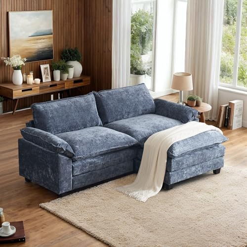 VINGLI 221cm(87인치) 클라우드 섹션 소파, 거실용 편안한 L자형 엑스트라 딥 시트 소파 카우치, 작은 공간을 위한 오토만 포함 모던 2인용 컨버터블 2인용 소파 (네이비 블루) - color: 셔닐 네이비 블루, size: 2-seaters-1-Ottoman