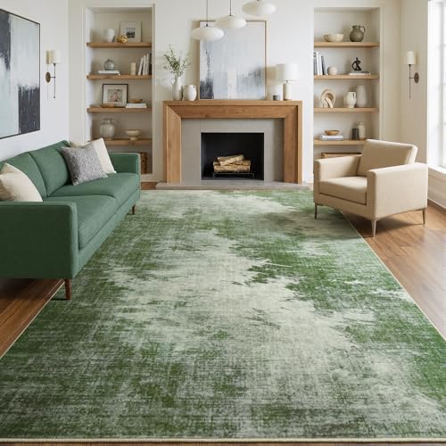 5'x7' Sage Green Faded Abstract Faux Wool Area Rug Living Room Soft | Modern Machine Wash Non-Slip Rug Throws, Kid-Friendly Low Profile Carpet for Bedroom, Kids Room, Farmhouse Under Bed, Green - color: Woodland‌, size: 5' x 7' (Rectangular)