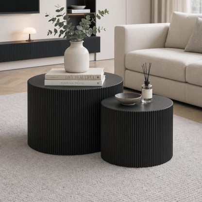 Nesting Round Coffee Table Set of 2 Black No Assembly | Nesting Coffee Tables for Living Room, MDF Wood Nightstands, Modern Drum Side End Tables with Vertical Fluted Design - color: Black