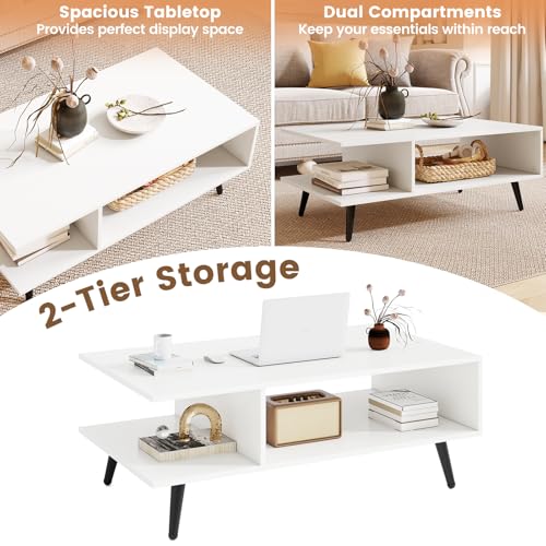 GOFLAME Wood Coffee Table, 2-Tier Mid Century Modern Center Table with 2 Open Storage Compartments & Metal Legs, Rectangular Accent Tea Tables for Living Room, Home Office, Apartment, White - color: White
