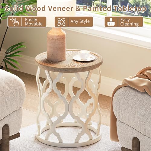 karlott Farmhouse End Table, French Country Tray Round Side Table, Beige | Curved Motif Frame Base With Distressed Tray Top, Boho Accent Table Ideal, End Tables for Living Room, Small Space, Bedroom - size: Tray End Table 18.5 Inches