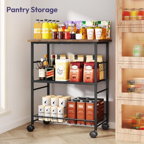 SWTYMIKI Rolling Kitchen Microwave Cart - 3 Tier Microwave Table Stand with Storage Basket and Hooks, Kitchen Utility Cart on Wheels, Coffee Cart Shelf Rack Organizer for Living Room Office, Balcony - color: Brown