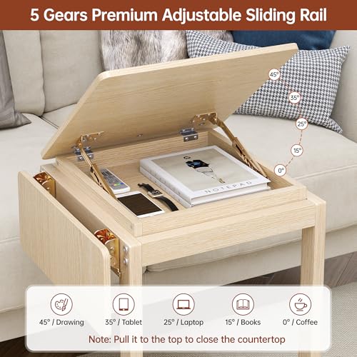 C Shaped End Table, Rolling Side Table with 4-Way Convertible Desktop, Wooden C Table with Multi-Functional Folding Tray, Side Table for Couch, Living Room, Bedroom, White Oak - color: Oak