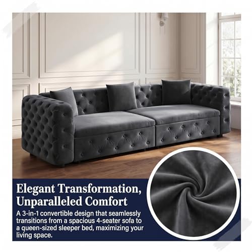89" 4-Seater Queen Size Pull Out Sofa Bed with 3 Pillows, Gray | 4-Seater Classic Velvet Sofa with Tufted Design,3 Pillows,89" Extra Large 3-in-1 Pull Out Sofa - color: Q-dark Gray-w02