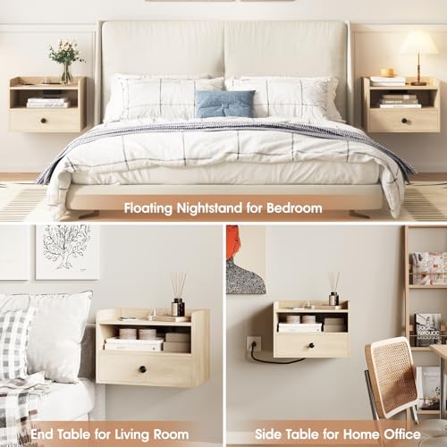 Floating Nightstand Set of 2 Modern Night Stands with Drawer and Open Shelf | Cubby Small Bedside End Table with Charging Station Wall Mounted Nightstands Set 2 for Bedroom Natural - color: Natural