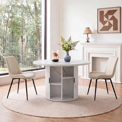3-Piece Round Dining Table Set for 2, 47-Inch Modern Faux Marble Dining Table with Half-Open Storage Shelf, Upholstered Dining Chairs with Thick Cushions (White Faux Marble Table + 2 Beige Chairs) - color: White Faux Marble Table + 2 Beige Chairs-196, siz