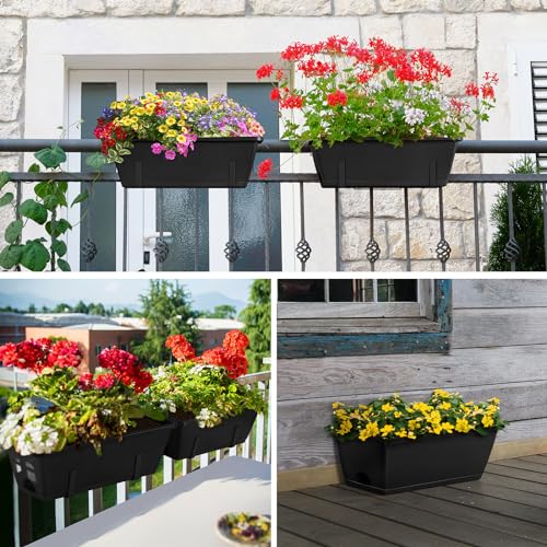 ETELI Railing Planter Hanging Planter Box with Brackets Set 6, Black | Adjustable with Drainage Holes for Deck Garden Window Fence - color: All Black