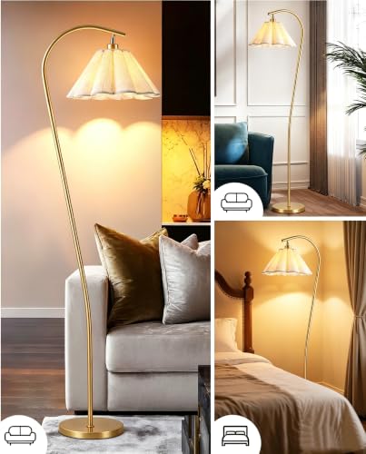 Floor Lamp with Pleated Linen Lampshade, Modern Flower Floor Lamp for Living Room Arc Standing Lamp, Gold Tall Lamp for Bedroom Office Dining Room, E26 Bulb Included