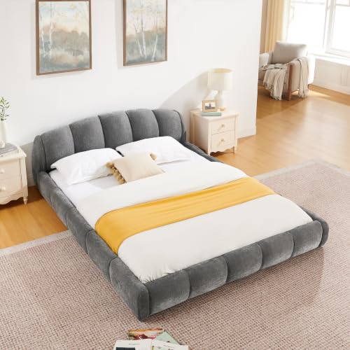 68" Bed Frame Queen Size, Low Platform Bed with Curved Headboard, Gray | Chenille Upholstered Bed Frame with Segmented Padded Washable Cushions, Wood Slats Support, Noise-Free, No Box Spring Needed - color: Dark Gray, size: Queen