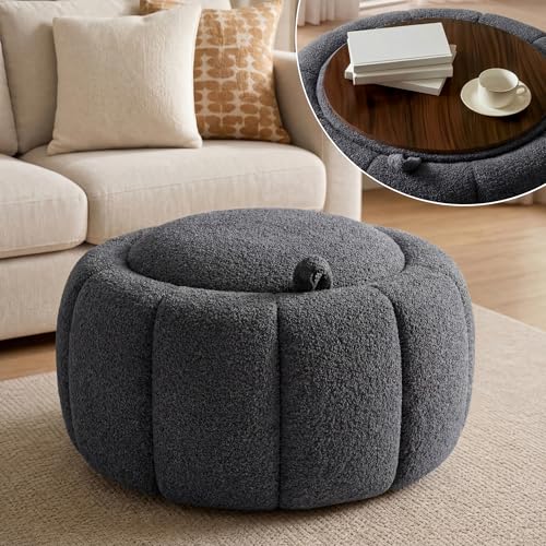 Tbfit Round Storage Ottoman - No Assembly Required, Storage & Sturdy Structure Multi-Functional Seat/Footrest for Living Room, Bedroom & Kids Room Soft Fabric for Family Home Use, Grey - color: Grey-teddy