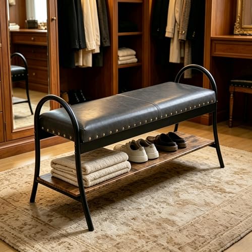 Forteek 39.4'' Shoe Storage Bench, Entryway Bench with Storage Shelf | Faux Leather Padded Seat with Nailhead, Metal and Wood Shoe Rack Bench for Hallway, Entryway, Living Room, Easy Assembly - color: Grey