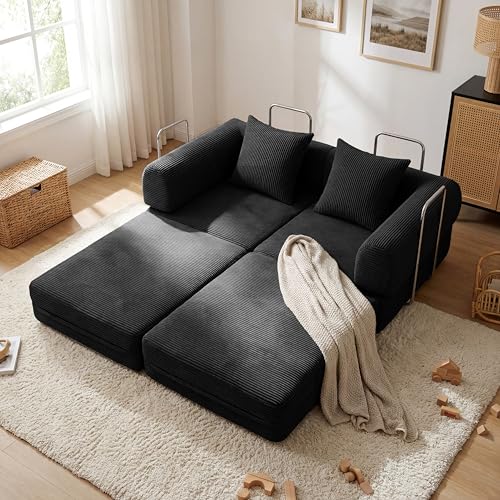 Convertible Compressed Corduroy Folding Cloud Sofa Bed, 59'' Modern Boneless Pull Out Loveseat Sleeper in a Box, 5 in 1 Floor Mattress Futon Fluffy Couch, No Assembly Needed, Black, 2 Pillows, Queen - color: Bk, size: 59.0''