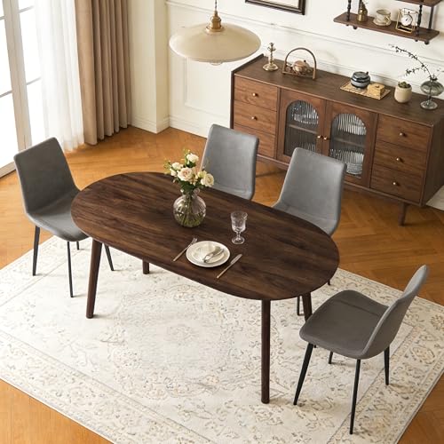 63" Oval Dining Table Set for 4 with Solid Wood Legs | 5 Piece Walnut Dining Table Set for Kitchen and Dining Room Furniture, 4 PU Grey Dining Chairs, Mid Century Modern - color: Walnut Table Grey Chairs