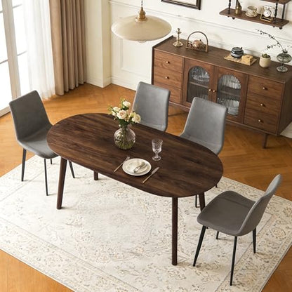 63" Oval Dining Table Set for 4 with Solid Wood Legs | 5 Piece Walnut Dining Table Set for Kitchen and Dining Room Furniture, 4 PU Grey Dining Chairs, Mid Century Modern - color: Walnut Table Grey Chairs