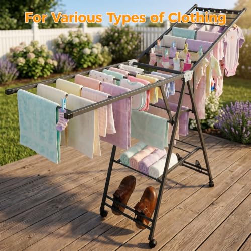 Clothes Rack, 2-Tier Drying Hanger, for 20 Pieces+, Foldable and Space Saving, Portable, Indoor or Outdoor Use, Solid Metal Clotheshorse, Nice for Mum, Gray(1.7 m Wing Length) - size: 2 Tiers_1.7m (Wing)