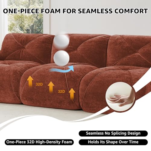Red Loveseat Sectional Couches for Living Room, Velvet Fabric Boneless Couch, No Assembly Cloud Modular Sectional Sofa Love Seat with 1 Ottoman, Foam Couch Compressed Sofa Set, Sofas para Sala - color: Red, size: 2 Seater + 1 Ottoman