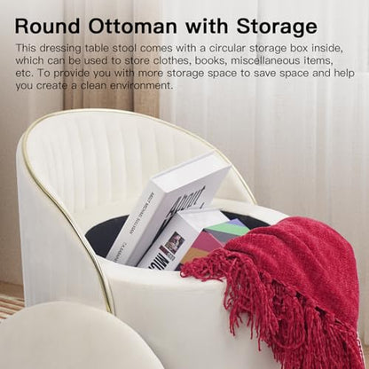 Round Storage Ottoman, Upholstered Velvet Vanity Stool with Lumbar Support, Swivel Rolling Wheels, Small Foot Stools Coffee Table Padded Seat for Makeup Room, Living Room, Bedroom Beige - color: Beige