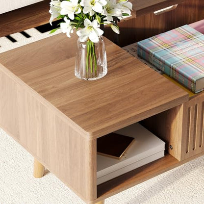 Coffee Table with Lifting Top,Wooden Fluted Coffee Table with Hidden Storage Space,2 Open Storage Compartments,Solid Wood Legs,Suitable for Living Room,Apartment,Office. (C-Lift Coffee Table-Walnut) - color: C-lift Coffee Table-walnut
