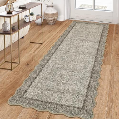GarveeHome Scalloped Washable Runner Rug 2x6 Non Slip Kitchen Rugs, Brown | Modern Brown Entryway Rug Farmhouse Soft Bathroom Rugs Stain Resistant Carpet for Hallway Laundry Bedroom 2 ft x6 ft - color: Brown, size: 2' x 6' (Runner)