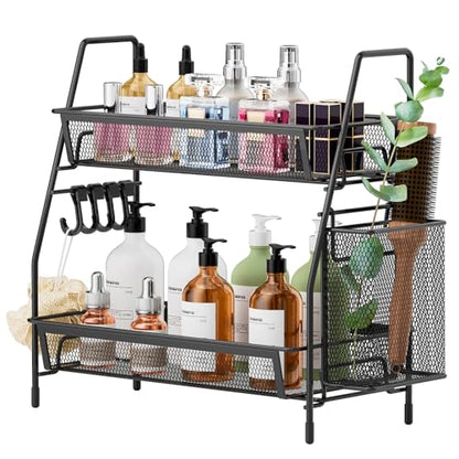 2 Tier Bathroom Countertop Organizer, Vanity Storage Shelf, Small, Black | Bathroom Counter Organizer, Vanity Makeup Tray Shelf, Kitchen Spice Rack, Metal Wire Mesh, with Basket Hooks - color: 2 Tier Small Black