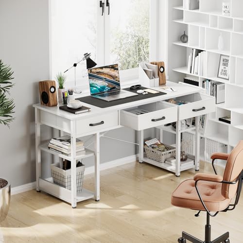 ODK Office Small Computer Desk: Home Table with Fabric Drawers & Storage Shelves, Modern Writing Desk, White, 48"x16"