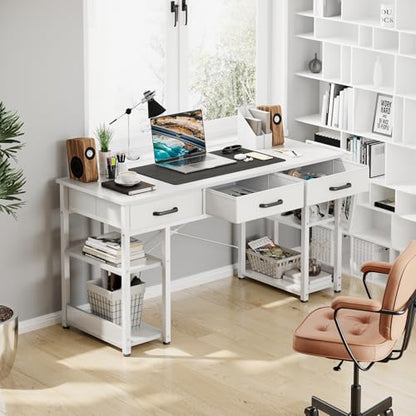 ODK Office Small Computer Desk: Home Table with Fabric Drawers & Storage Shelves, Modern Writing Desk, White, 48"x16"