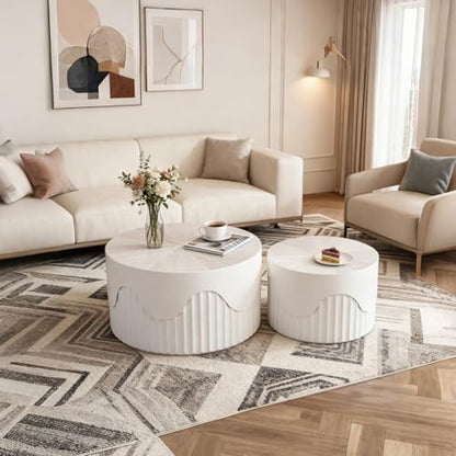 JHKZUDG 2-Pack Nesting Coffee Tables 26.8" & 19.7" White, Fluted Wood | Modern Wood Accent Furniture Set, Space-Saving Design for Living Room & Bedroom, Unique Fluted End Tables - color: 26.77"+19.69" White