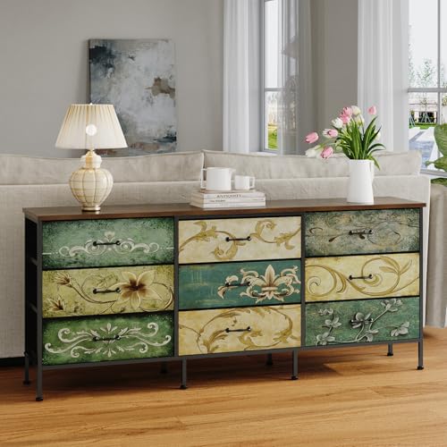 Dresser with Drawers for Bedroom Chest of Drawers Fabric Dresser for Closet,Nursery Entryway Hall Tree TV Stand for Living Room Retro Floral Pattern Drawers Wooden Top (Wide 9 Drawers) - size: 11.8"D x 62.9"W x 26.7"H (9 Drawers)