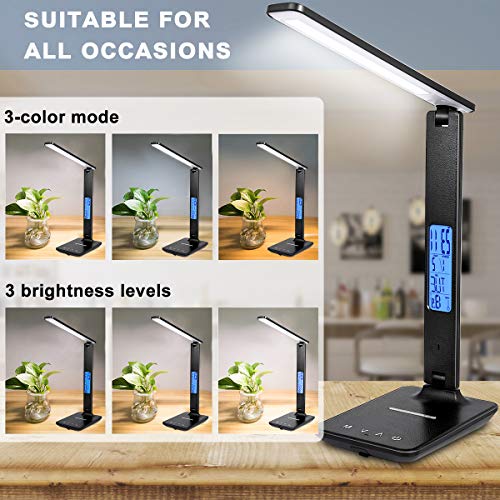 LED Desk Lamp with Wireless Charger, Suitable for Home, Office Dimmable, with USB Charging Port, Built-in Clock, Calendar, Thermometer and Automatic Timing Reading Desk Lamp. - color: Black