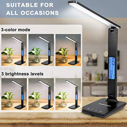 LED Desk Lamp with Wireless Charger, Suitable for Home, Office Dimmable, with USB Charging Port, Built-in Clock, Calendar, Thermometer and Automatic Timing Reading Desk Lamp. - color: Black