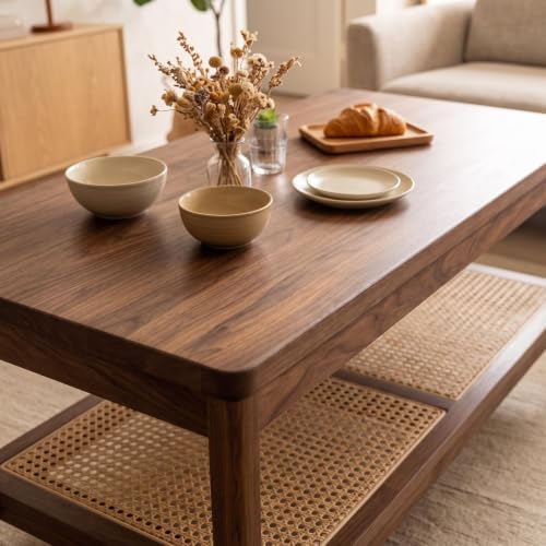 GAOMON 2-Tier Coffee Table for Living Room, Rectangular Center Table with Rattan Storage Shelf for Small Space, Easy Assembly, Walnut - color: Walnut