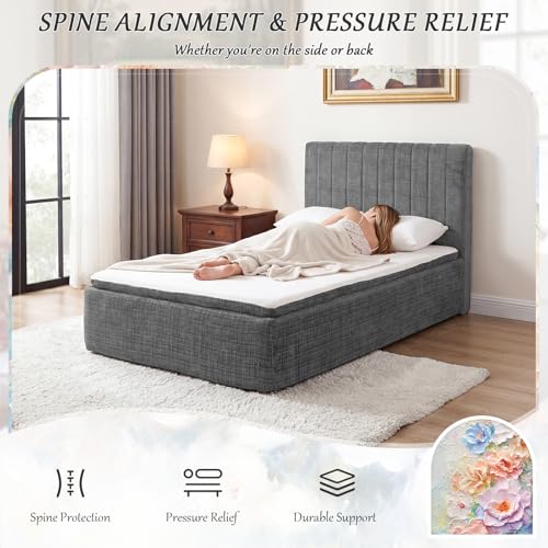 Queen Compression Bed Boneless Bed Frame with Mattress and Headboard - color: Grey, size: Queen