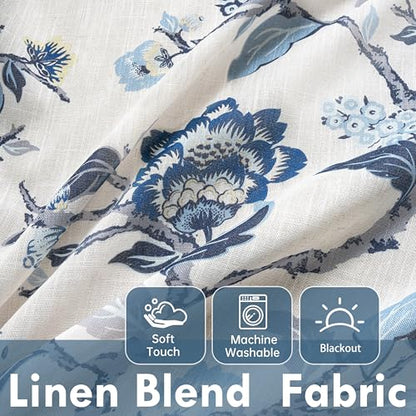 DriftAway Ada Floral Botanical Print Flower Leaf Lined Thermal Insulated Room Darkening Linen Blend 100% Blackout Back Tab Window Curtains 2 Layers Set of 2 Panels Each 52 Inch by 84 Inch Navy - color: Navy-back Tab, size: 52"W x 84"L (Pack of 2)
