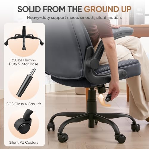 Home Leather Office Chair with Lumbar Support, 5" Padded Seat, Small Rocking Desk Chair, Comfy Computer Chairs with Rolling Wheels & Adjustable Arms for Adults, Grey - color: Grey