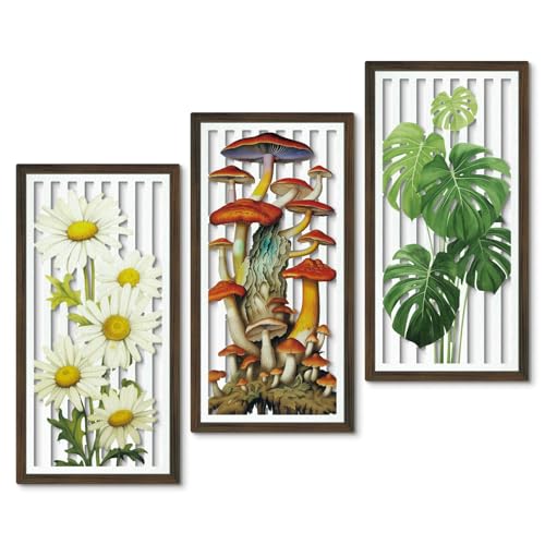 Putuo Decor Botanical Wall Art Set of 3, Nature-Inspired Wooden Panels Featuring Daisies, Mushrooms, and Monstera Leaves for Living Room Bedroom Office, Boho Rustic Decor - color: Botanical, Rustic, Floral