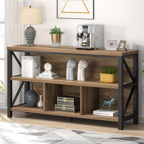 EXCEFUR Rustic Oak 47 Inch Horizontal Bookshelf, Industrial Metal & Wood Bookcase, 4 Cube Storage Organizer for Living Room Home Office, Low Wide Book Shelf for Display - color: Oak