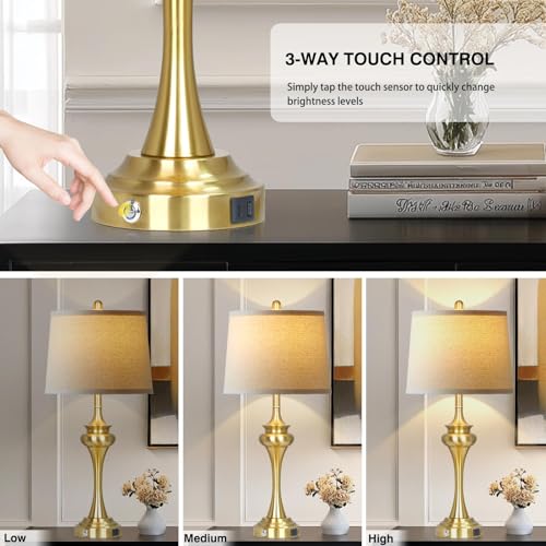 Rinweey 30" Gold Tall Table Lamps for Living Room, Touch Control Modern Bedroom Table Lamp with USB A+C Ports, 3-Way Bedside Lamps Set of 2, Elegant Metal Lamp for Night Stand Desk Side Table Office - color: Gold-30”H