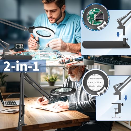 HITTI 12X Magnifying Glass with Light, 2026 Infinite Color and Stepless Dimming Desk Large Lamp & Clamp,2-in-1 LED Hands Free Lighted Magnifier for Craft Hobby Soldering(12X Square Base & Clamp) - size: 12X Square Base & Clamp