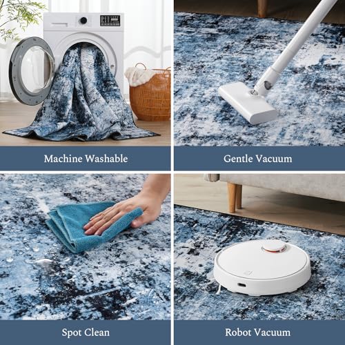Rugflix 2x3 Entrance Rugs, Washable Navy Blue Dark Entry Small Rug | Stain-Resistant; Low Pile; Non-Slip; Modern Abstract; Black Small Carpet for Entryway Kitchen Bathroom Bedroom - color: 01-ocean Blue, size: 2' x 3' (Rectangular)