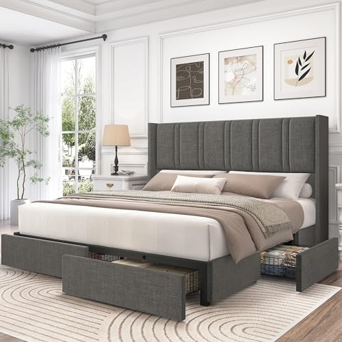 Bed Frame Queen Size with Storage Drawers and Wingback Headboard, Linen Upholstered Platform Bed Frame with Wooden Slats, Easy Assembly, Light Grey - color: Light Gray, size: Queen