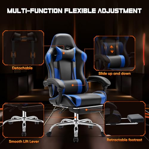 Sweetcrispy Gaming Chair with Footrest, Ergonomic Lumbar Support Desk Chair | High Back Ergonomic, PU Leather, Adjustable Headrest, Linkage Armrest, Height Adjustable, 360 Swivel, Blue - color: Pu Blue