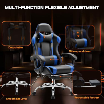 Sweetcrispy Gaming Chair with Footrest, Ergonomic Lumbar Support Desk Chair | High Back Ergonomic, PU Leather, Adjustable Headrest, Linkage Armrest, Height Adjustable, 360 Swivel, Blue - color: Pu Blue