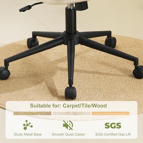 Armless Office Chair with Wheels, Luxury Chenille Swivel Desk Chair with Ergonomic Curved Full Back, Double-Layer Seat, Adjustable Modern Vanity Chair for Makeup, Home Office, Cream White - color: Cream White, size: Full Back