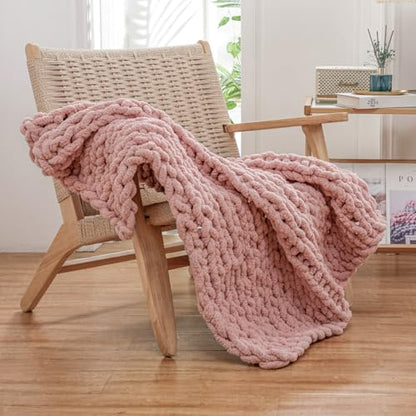 WESHIONGOO Chunky Knit Blanket Throw for Couch Bed 40"×40" Pink | 100% Handmade Knitted Throw blankets Fluffy Soft Blanket With Jumbo Chenille Yarn Thick - color: Pink, size: 40"x40"(Small Size Throw)