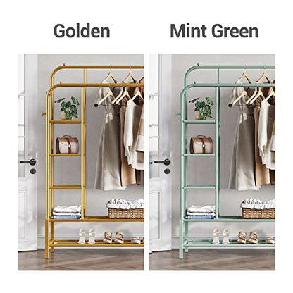 JOISCOPE Double Rods Portable Garment Rack for Hanging clothes, 49.4 * 64.5 Inch Metal Clothing Rack with Bottom Shelves and 4 Hooks,Freestanding Clothes Rack for Bedroom,Space Saving, Gold