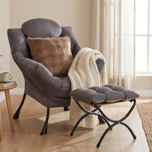 Lazy Chair with Ottoman, Comfy Reading Chair for Bedroom，Grey | Comfy Bedroom Accent Chair with Washable Removable Cover and extra throw pillow for Living Room Dorm - color: Shadow Grey