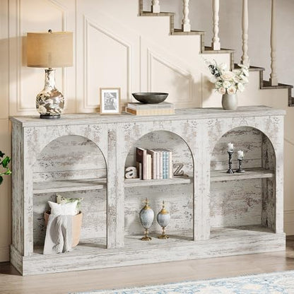 Tribesigns Console Table with Storage, 63" Long Arched Entryway Table | 3 Tier Wooden Farmhouse Rectangular Sofa Table Behind The Couch for Entrance, Hallway, Living Room, Distressed White - color: Distressed White