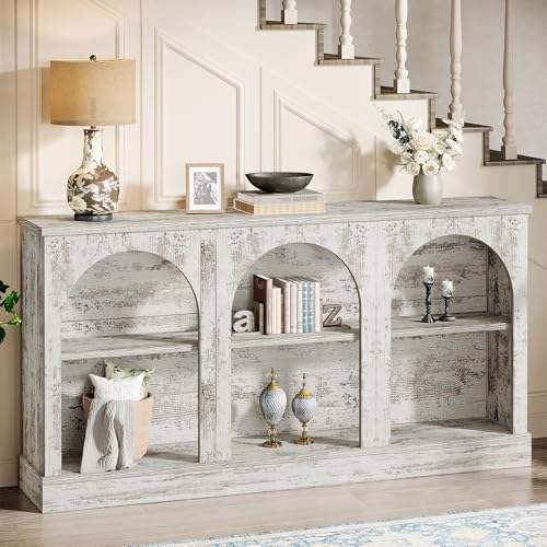 Tribesigns Console Table with Storage, 63" Long Arched Entryway Table | 3 Tier Wooden Farmhouse Rectangular Sofa Table Behind The Couch for Entrance, Hallway, Living Room, Distressed White - color: Distressed White